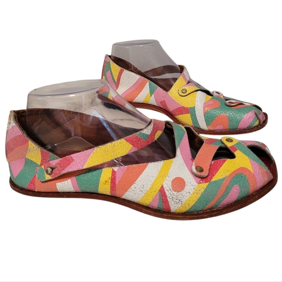 CYDWOQ Colorful Leather Peep Toe Flats Women's EU 37 US 6.5-7 Artsy Quirky Boho - Picture 1 of 16